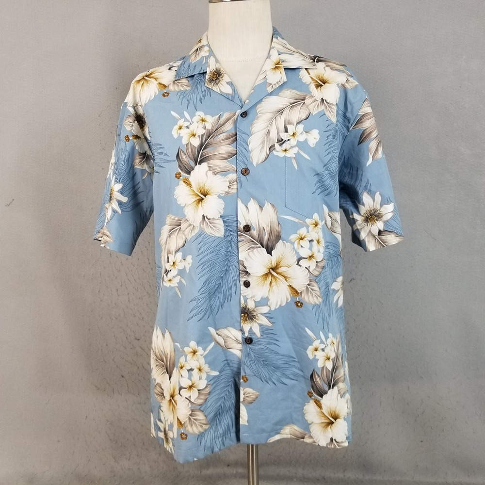Pacific Legend Button Down Mens L Blue Hibiscus Floral Hawaiian Shirt Cotton USA